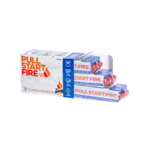 Packung mit drei Einheiten Pull Start Fire Anzündhilfen in rechteckiger Kartonverpackung, mit rot-blauer Beschriftung und Feuer-Symbolen.