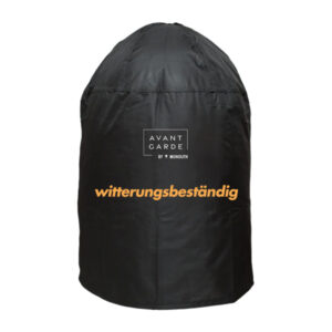 Schwarze Abdeckhaube mit weisser Aufschrift AVANT GARDE BY MONOLITH und orangefarbenem Text witterungsbeständig. Die Haube ist rundlich, nach oben gewölbt und besteht aus einem robust wirkenden Material.
