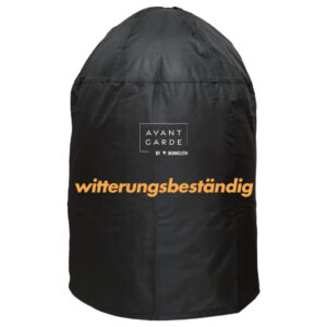 Schwarze Abdeckhaube mit weisser Aufschrift AVANT GARDE BY MONOLITH und orangefarbenem Text witterungsbeständig. Die Haube ist rundlich, nach oben gewölbt und besteht aus einem robust wirkenden Material.