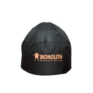 Kurze, schwarze Schutzhaube mit orangefarbener Aufschrift MONOLITH KERAMISCH GRILLEN und einem stilisierten Grill-Symbol. Die Haube ist oben rund gewölbt, besteht aus einem glatten, robust wirkenden Material und bedeckt vollständig einen darunter befindlichen Gegenstand.