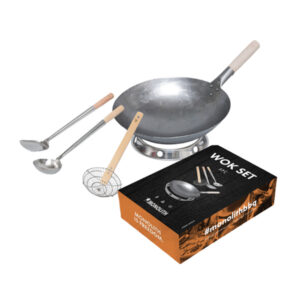 Wok-Set mit Stahlwok, Ablagering, Schöpflöffel, Pfannenwender und Drahtsieb, inklusive Verpackung für den Einsatz am Grill