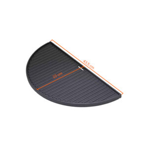 Halbrunde Grillplatte aus Gusseisen mit Rillenstruktur, Abmessungen 43,5 cm Breite und 22 cm Tiefe.