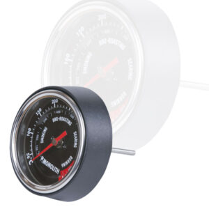 Rundes Grilldeckel-Thermometer von Monolith mit rotem Zeiger, schwarzem Gehäuse und Temperaturskala für verschiedene Grillzonen.