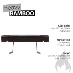 Grillgriff aus dunklem Holz mit LED-Beleuchtung, seitlichen Metallhalterungen und Ein-Aus-Schalter, Modell Heavy Bamboo.