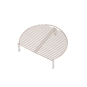 Halbkreisförmiger Grillrost aus Edelstahl mit parallelen Metallstäben. Der Rost hat vier kurze Beine zum Aufstellen, die Oberfläche ist glatt und glänzend.