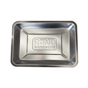 Tropfschale Marinadenschale aus Edelstahl mit dem Logo von Rumo in der Mitte