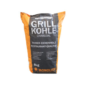 Orange-schwarzer Sack Monolith Grillkohle aus reinem Eichenholz in Restaurant-Qualität mit 8 kg Inhalt.