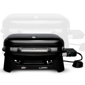 ChatGPT: Weber Lumin Tischgrill in Schwarz mit geschlossenem Deckel und seitlichem Temperaturregler, freigestellt auf weissem Hintergrund mit halbtransparenter Grillabbildung im Hintergrund.