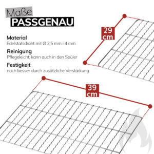 Grillgitter Verstärker für den Grillrost eines Räucherofen Masse passgenau Material Edelstahldraht mit Durchmesser 2,5mm i 4mm, Reinigung pflegeleicht auch Spülmaschinen fest, Festigkeit noch besser durch zusätzliche Verstärkung, Masse 39cm mal 29cm