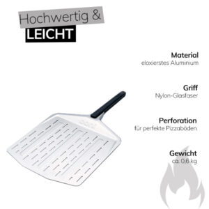 Pizzaschaufel mit weiteren Details: Material eloxiertes Aluminium, Griff Nylon-Glasfaser, Perforation für perfekte Pizzaböden, Gewicht ca. 0.6kg