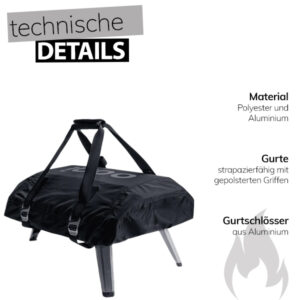 Pizzaofen mit schwarzer Transporthülle, befestigten Tragegurten mit Polsterung und Aluminiumschnallen, daneben technische Angaben.