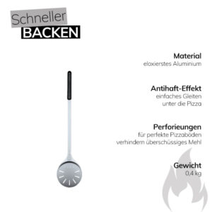 Pizzawendeheber mit weiteren Details: Material, eloxiertes Aluminium, Antihalft-Effekt einfaches Gleiten unter die Pizza, Perforierungen für perfekte Pizzaböden verhindern überschüssiges Mehl, Gewicht 0,4kg