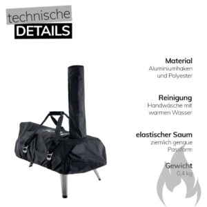 Pizzaofen mit schwarzer Schutzhülle, Tragegurten und abgedecktem Kamin, daneben Angaben zu Material, Reinigung, Passform und Gewicht.