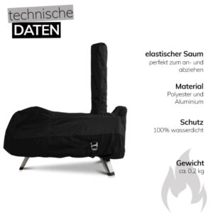 Pizzaofen mit schwarzer, wasserdichter Schutzhülle auf silbernen Füssen, daneben Angaben zu Material, Gewicht und Funktionen der Hülle.