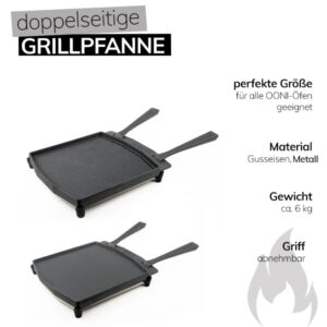 Ooni Dual-Sided Grizzler Plate, eine doppelseitige Gusseisenpfanne mit weiteren Details perfekte Größe für alle OONI-Öfen geeignet, Material Gusseisen, Metall, Gewicht ca. 6kg, Griff abnehmbar