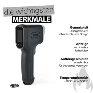 Infrarotthermometer mit den wichtigsten Merkmalen: Genauigkeit, Lasergesteuert, schlank-robustes Design, Anzeige leicht lesbar, farbcodiert, Aufhängeschlaufe abnehmbar für bequemes Versorgen, Temperaturbereich -30°C bis zu 500°C