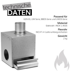 Kaltrauchadapter zum kalträuchern aus Edelstahl mit technischen Daten: Passend für GDS-01, UW-Serie, BBDS-Serie und UWDS-Serie, Material Edelstahl INOX 1.4016, Flexrohr nicht im Lieferumfang enthalten, Gewicht 2kg