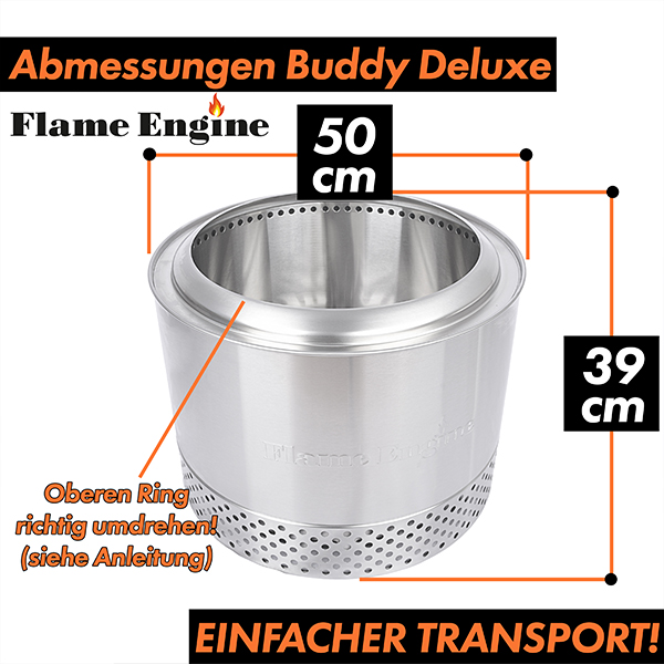Flame Engine Edelstahl Feuerschale rauchfrei Buddy Deluxe 50cm mit Grillrost Art.Nr. FEBUDELUXE50 – Bild 2