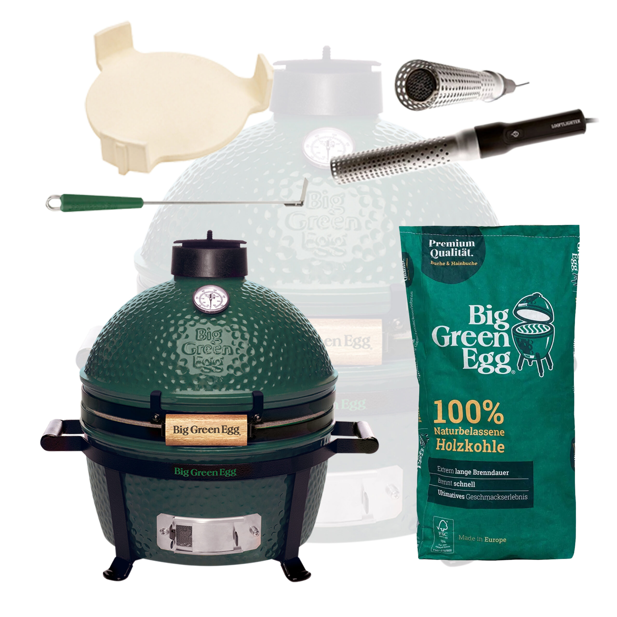 Big Green Egg MiniMax Keramikgrill EGGtastischer Starter Deal mit Big Green Egg Grill Zubehör Mini Kamado mit Kohle, ConvEGGtor, Ascheschieber und Looftlighter Big Green Egg Artikelnummer AMXHD3