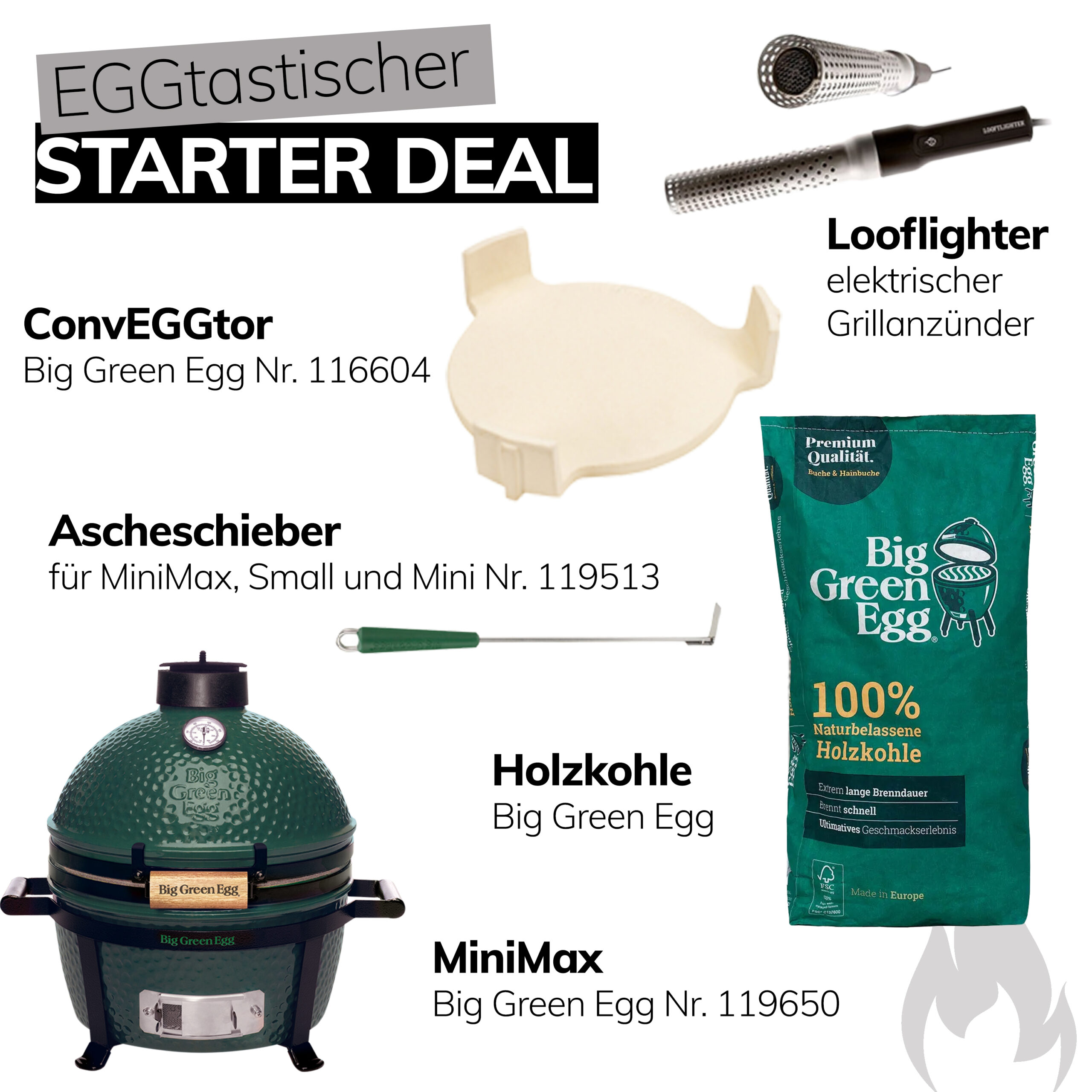 Big Green Egg MiniMax Keramikgrill EGGtastischer Starter Deal mit Big Green Egg Grill Zubehör Mini Kamado mit Kohle, ConvEGGtor, Ascheschieber und Looftlighter Big Green Egg Artikelnummer AMXHD3 – Bild 2