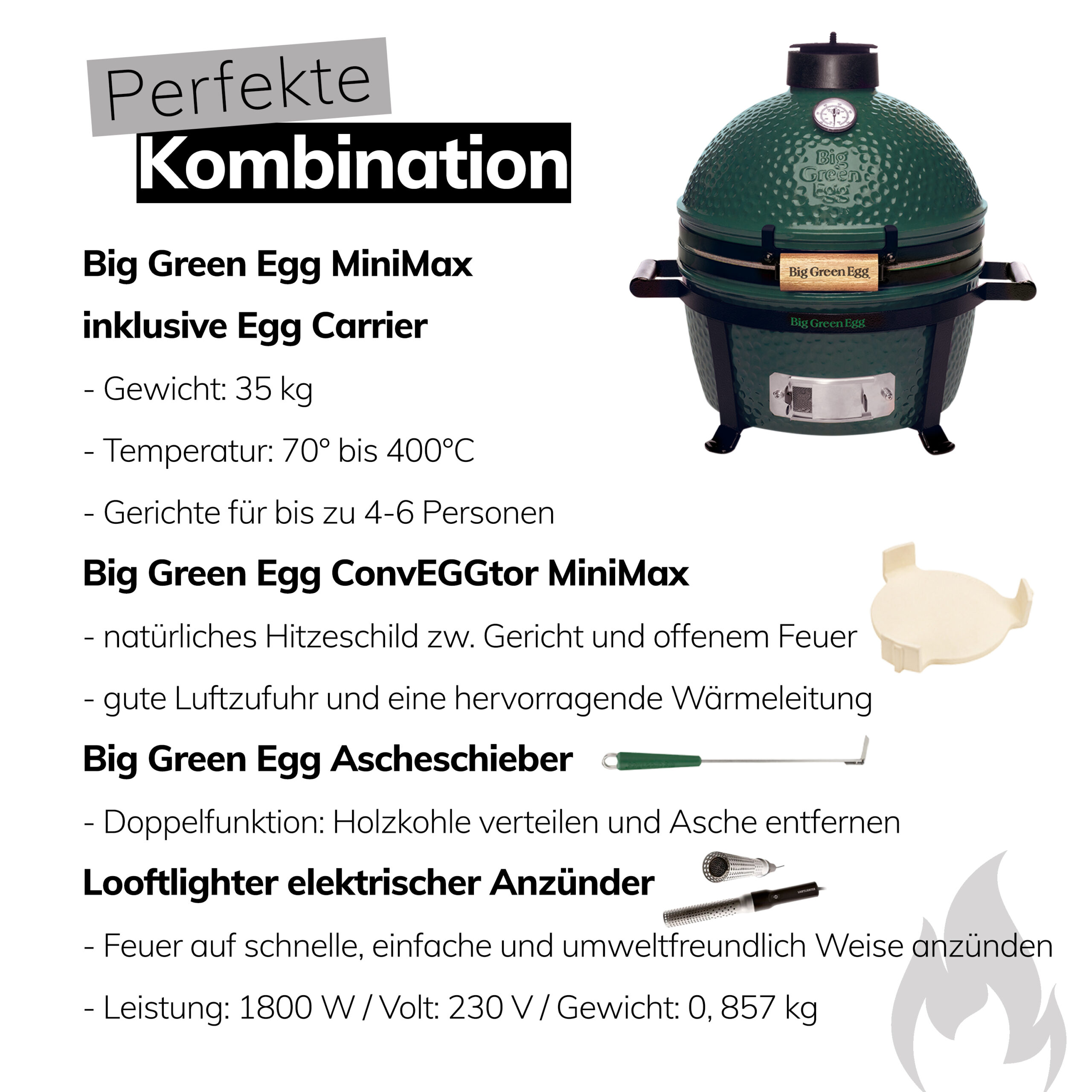 Big Green Egg MiniMax Keramikgrill EGGtastischer Starter Deal mit Big Green Egg Grill Zubehör Mini Kamado mit Kohle, ConvEGGtor, Ascheschieber und Looftlighter Big Green Egg Artikelnummer AMXHD3 – Bild 4